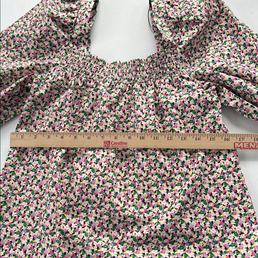 New H&M Smocked Multicolor Floral Square Neckline 3/4 Puff Sleeve Blouse XS - Picture 3 of 6
